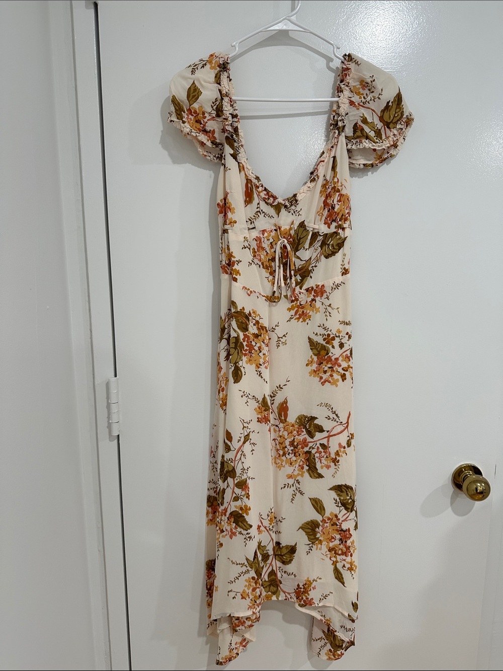 Reformation Cream Floral Puff-Sleeve High-Low Dress with Tie Waist